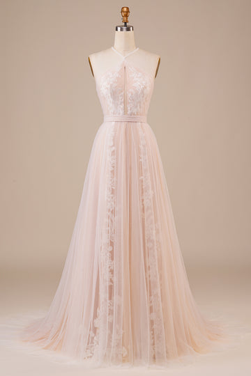 Tulle Halter Keyhole Champagne Wedding Dress with Appliques